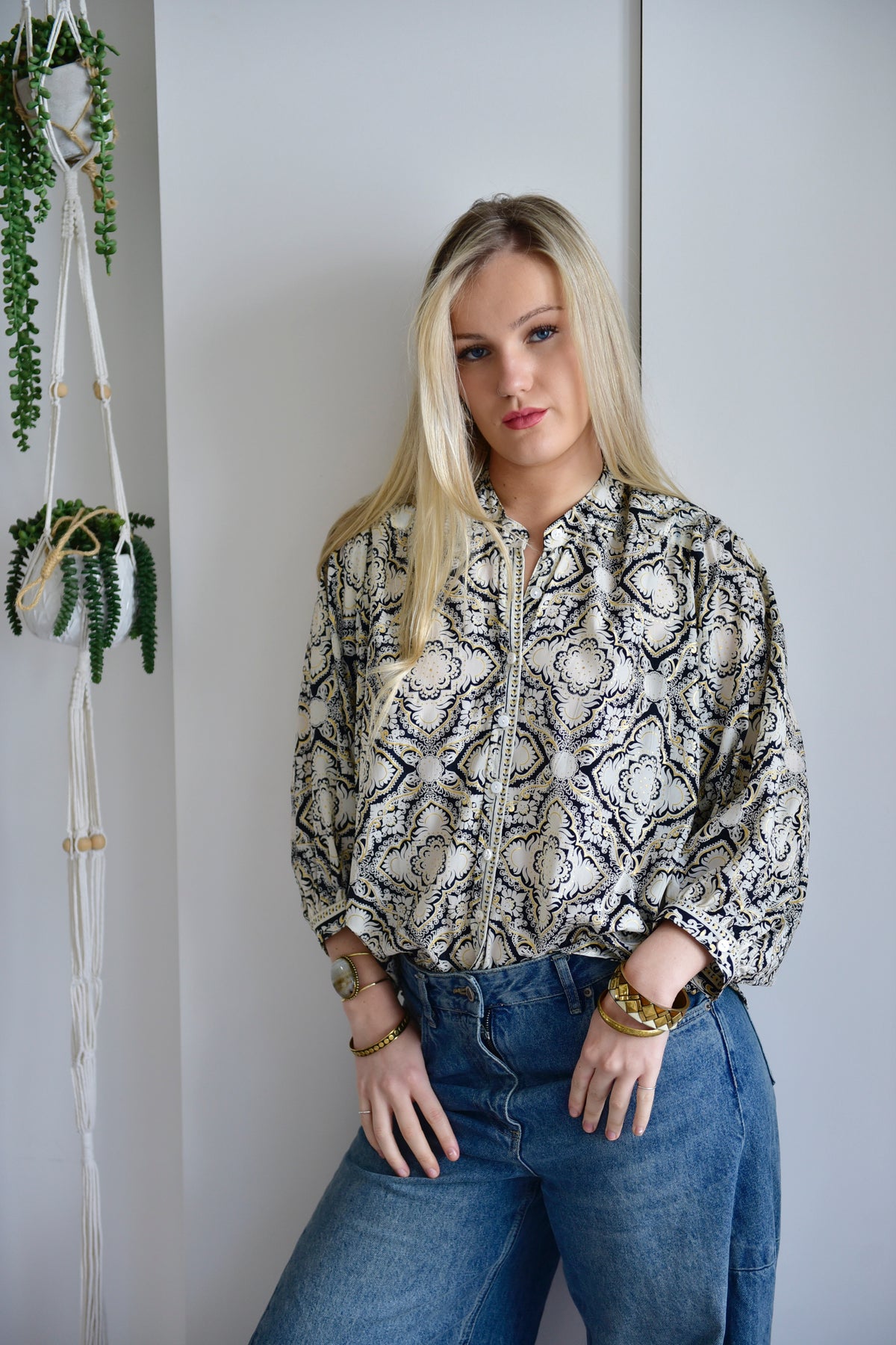 White, Black & Gold Arabesque Style Print Viscose Button Down Shirt