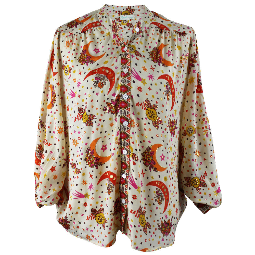 Cream, Orange & Pink Moon & Stars Print Viscose Button Down Shirt