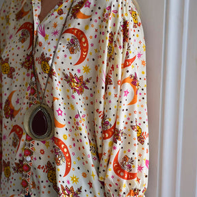 Cream, Orange & Pink Moon & Stars Print Viscose Button Down Shirt