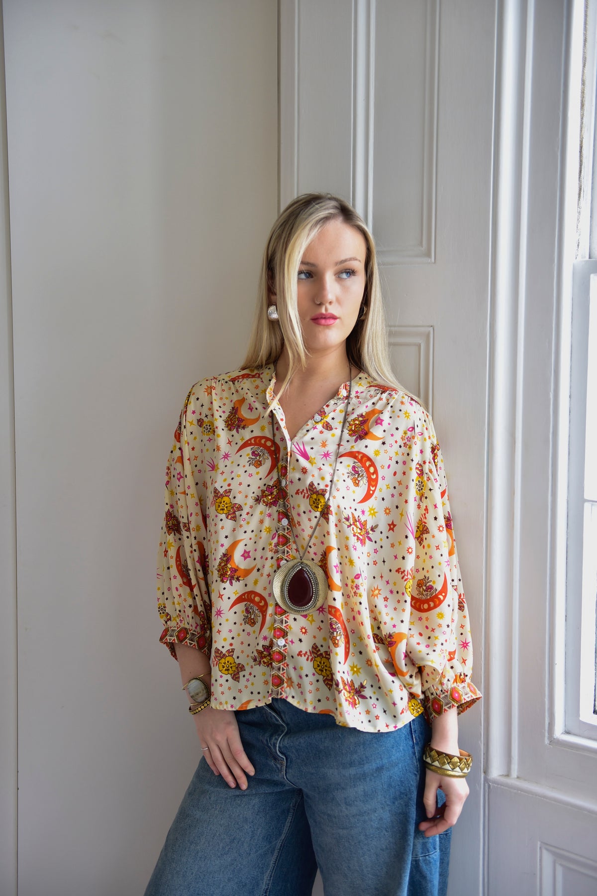 Cream, Orange & Pink Moon & Stars Print Viscose Button Down Shirt