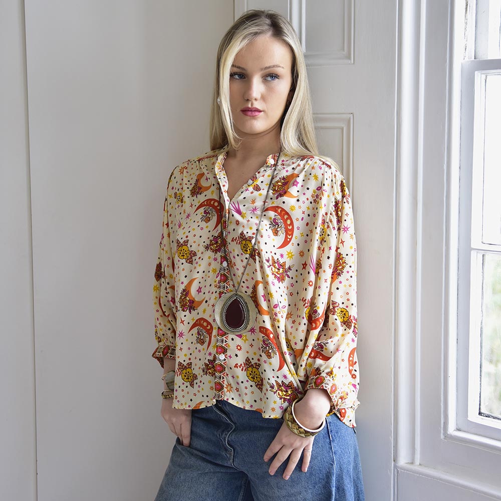 Cream, Orange & Pink Moon & Stars Print Viscose Button Down Shirt