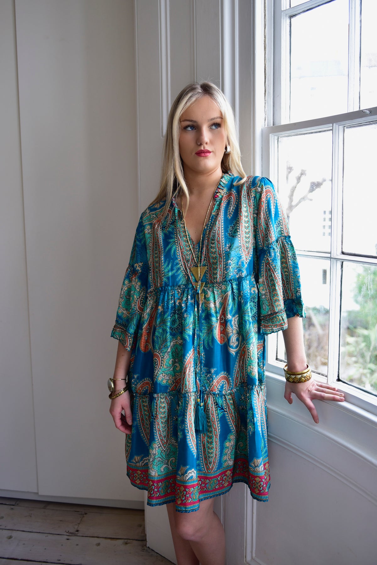 Arna, Turquoise, Orange & Pink Print Viscose Short Tiered Dress With 3/4 Length Sleeves