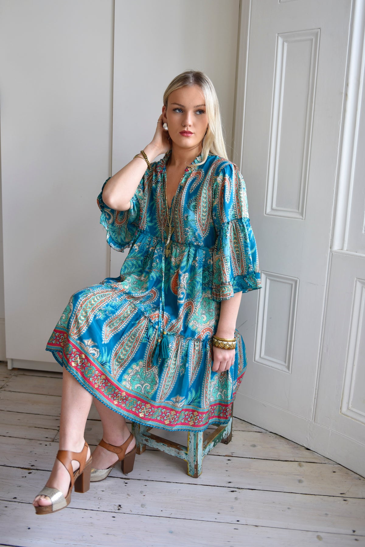 Arna, Turquoise, Orange & Pink Print Viscose Short Tiered Dress With 3/4 Length Sleeves