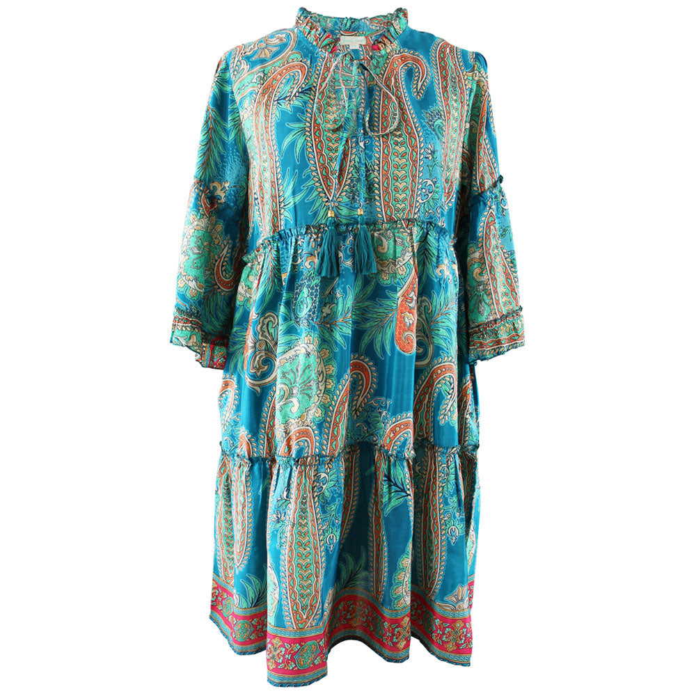 Arna, Turquoise, Orange & Pink Print Viscose Short Tiered Dress With 3/4 Length Sleeves
