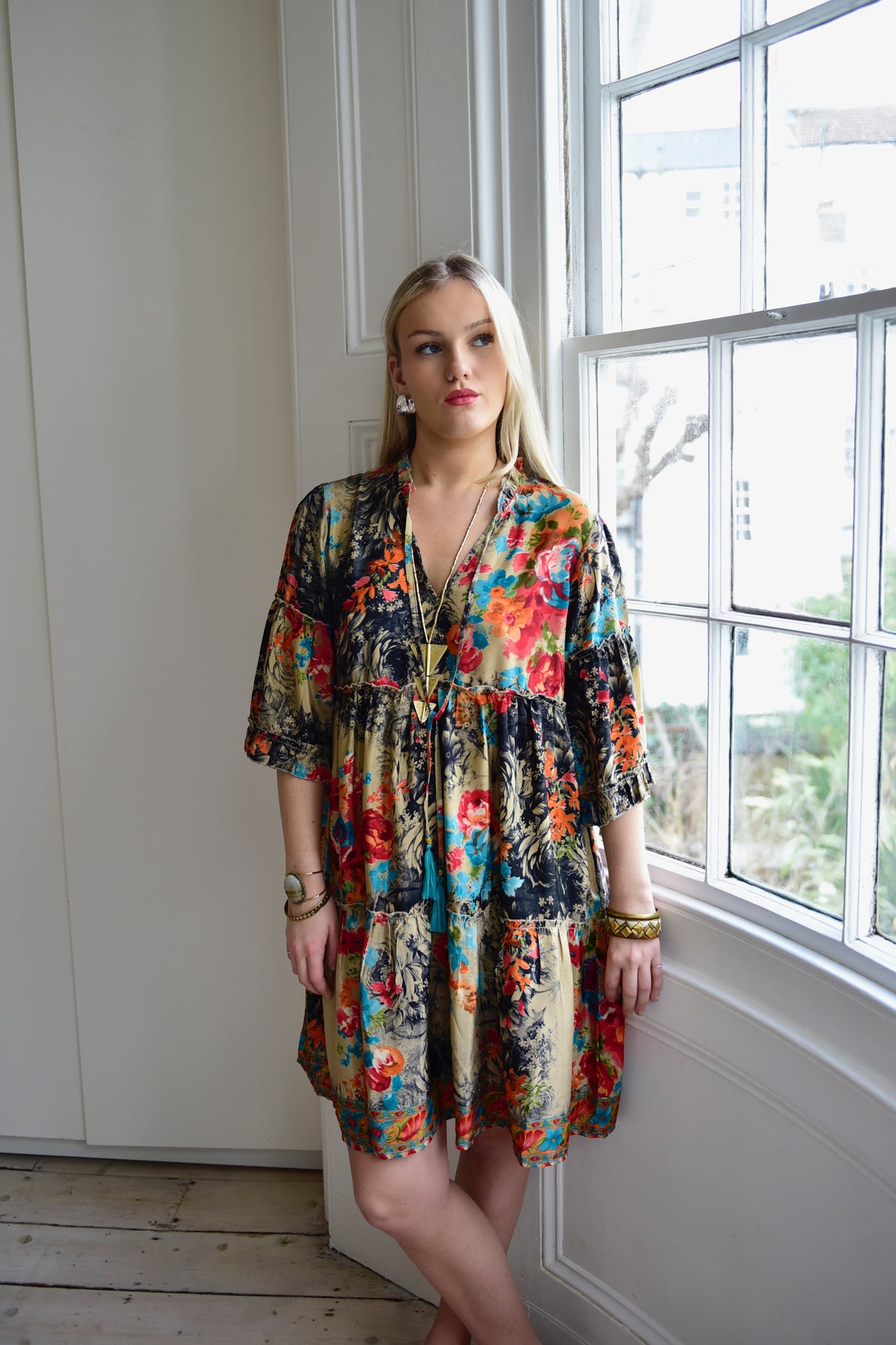 Cari, Colourful Floral Print Viscose Short Tiered Dress With 3/4 Length Sleeves
