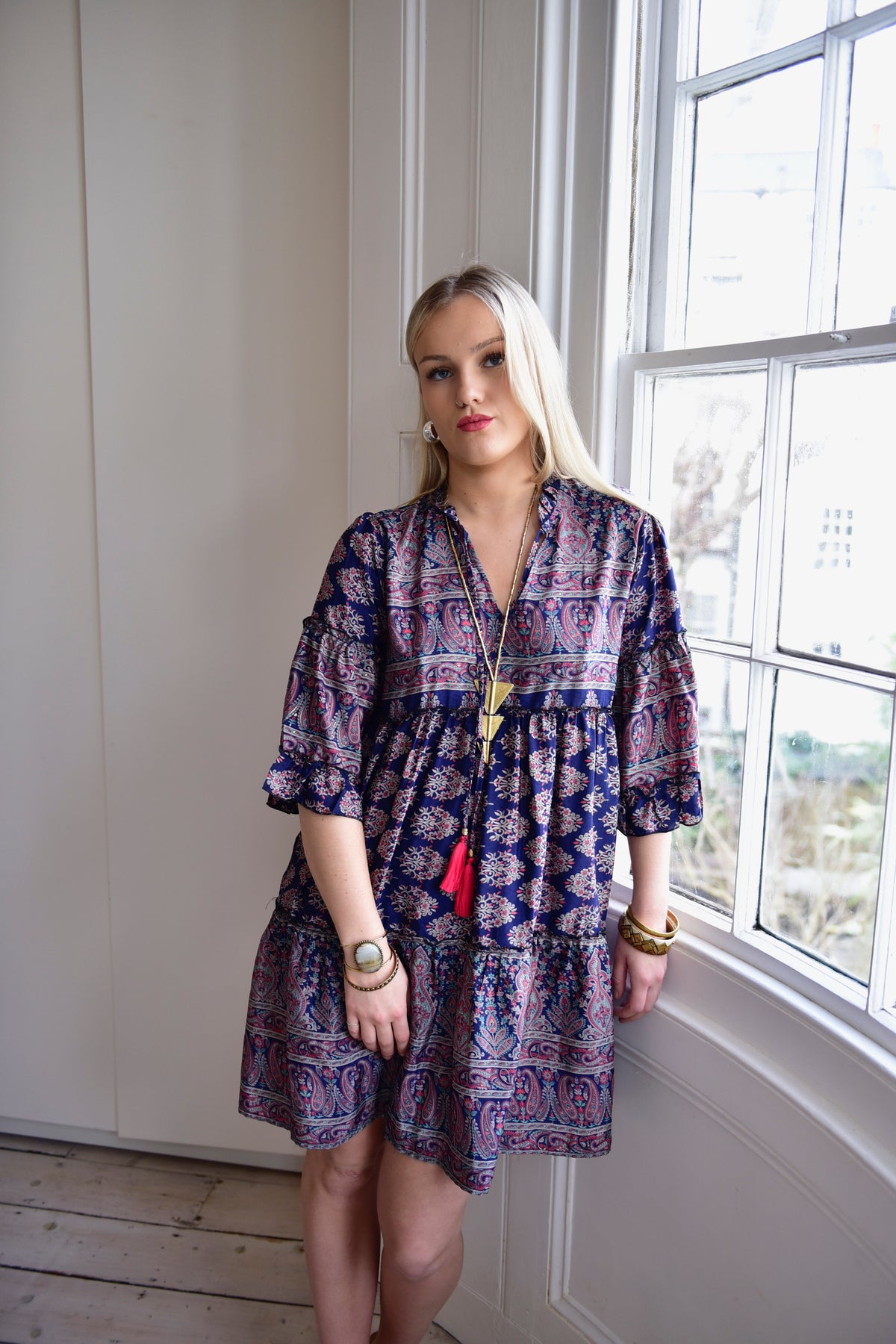 Narelle, Navy Blue Paisley Print Viscose Short Tiered Dress With 3/4 Length Sleeve