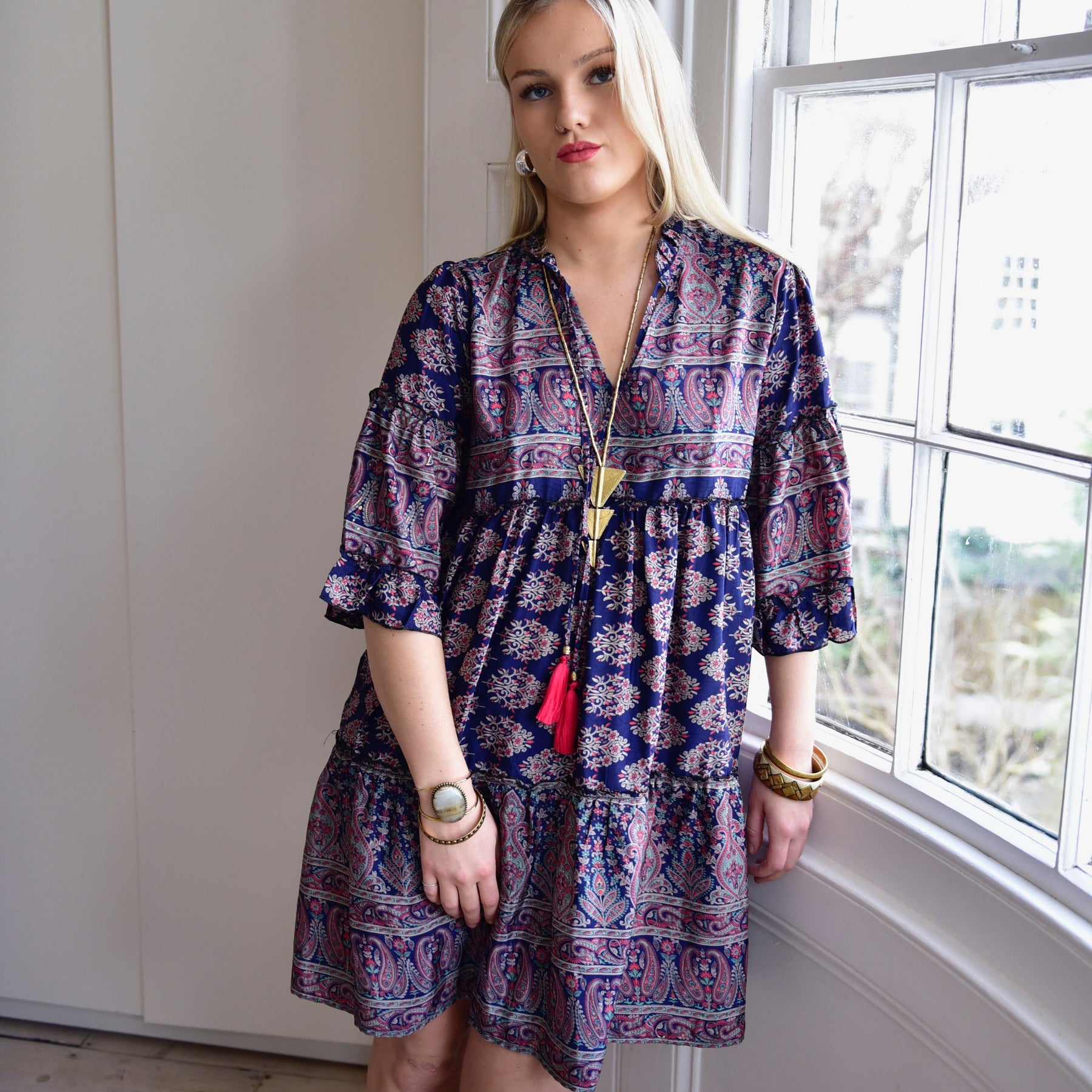 navy blue paisley dress Navy Paisley Midi Dress