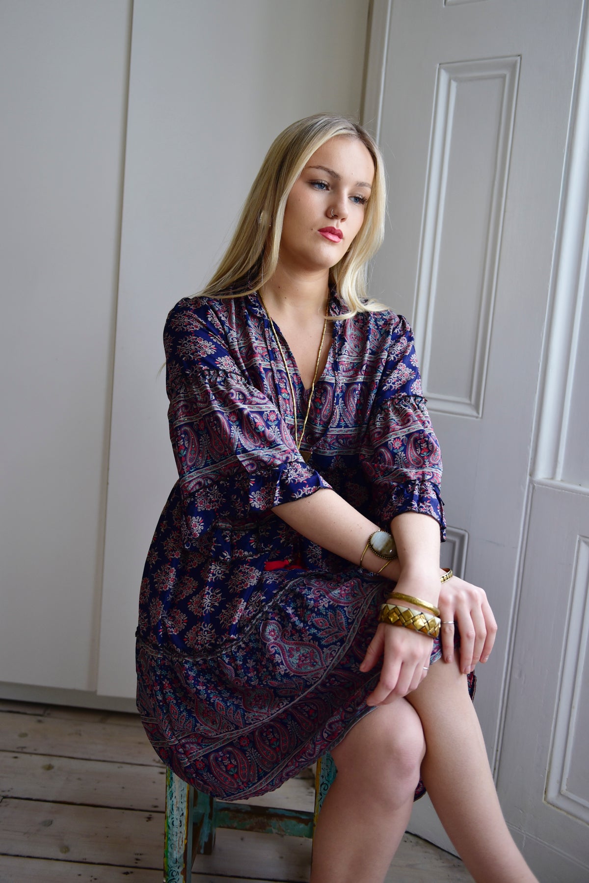 Narelle, Navy Blue Paisley Print Viscose Short Tiered Dress With 3/4 Length Sleeve