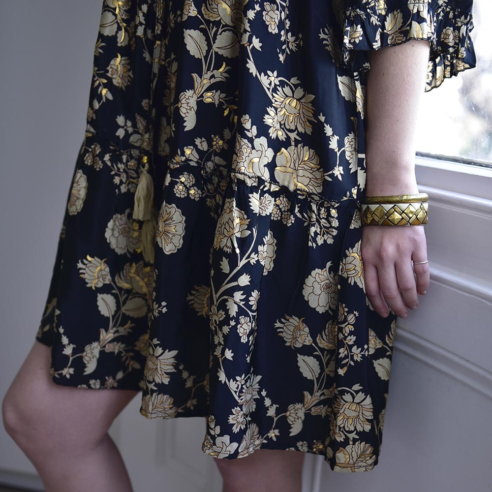 Brenn, Black & Gold Floral Print Viscose Short Tiered Dress With 3/4 Length Sleeves