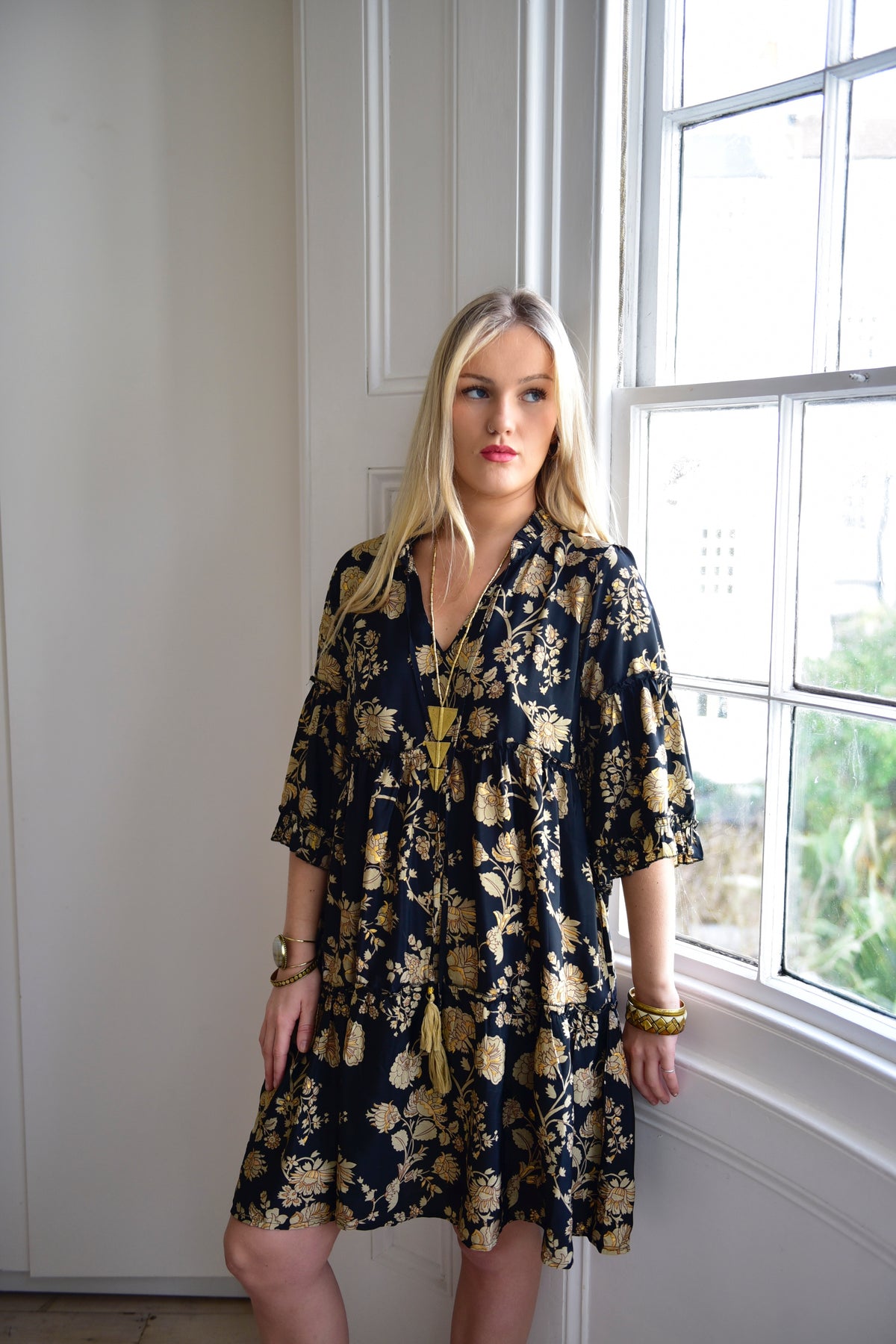 Brenn, Black & Gold Floral Print Viscose Short Tiered Dress With 3/4 Length Sleeves