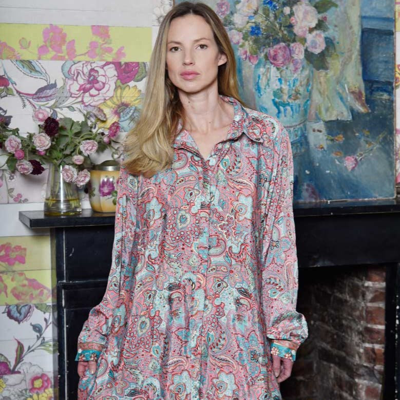 ‘Esme’ Turquoise & Coral Floral Print Viscose Shirt Dress