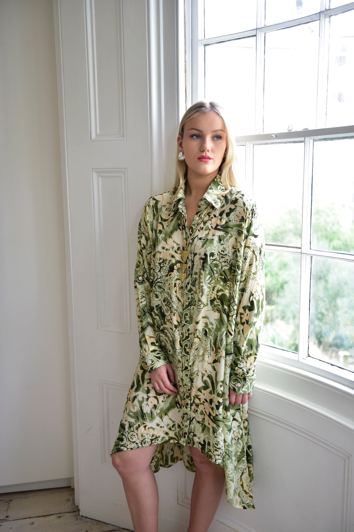 Clover, Khaki, Cream & Gold Abstract Floral Viscose Shirt Dress