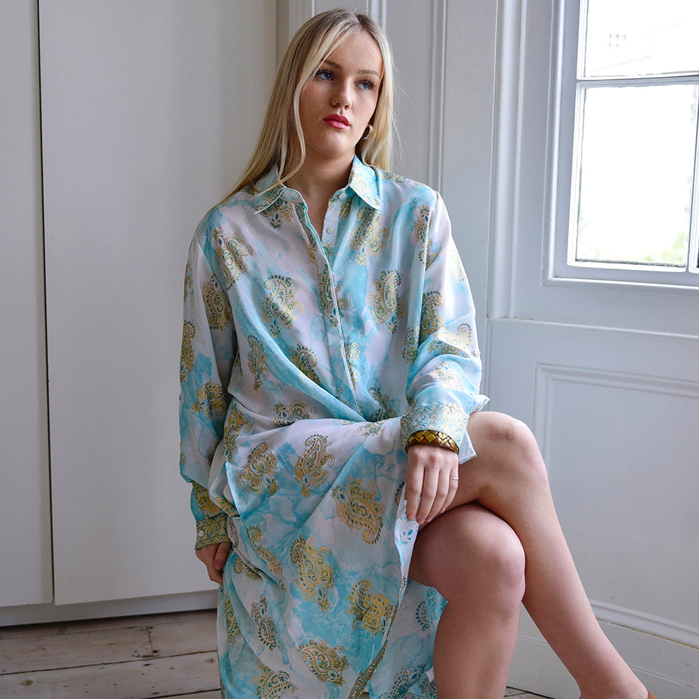 Adva, Turquoise Marble With Gold Paisley Blocks Viscose Shirt Dress