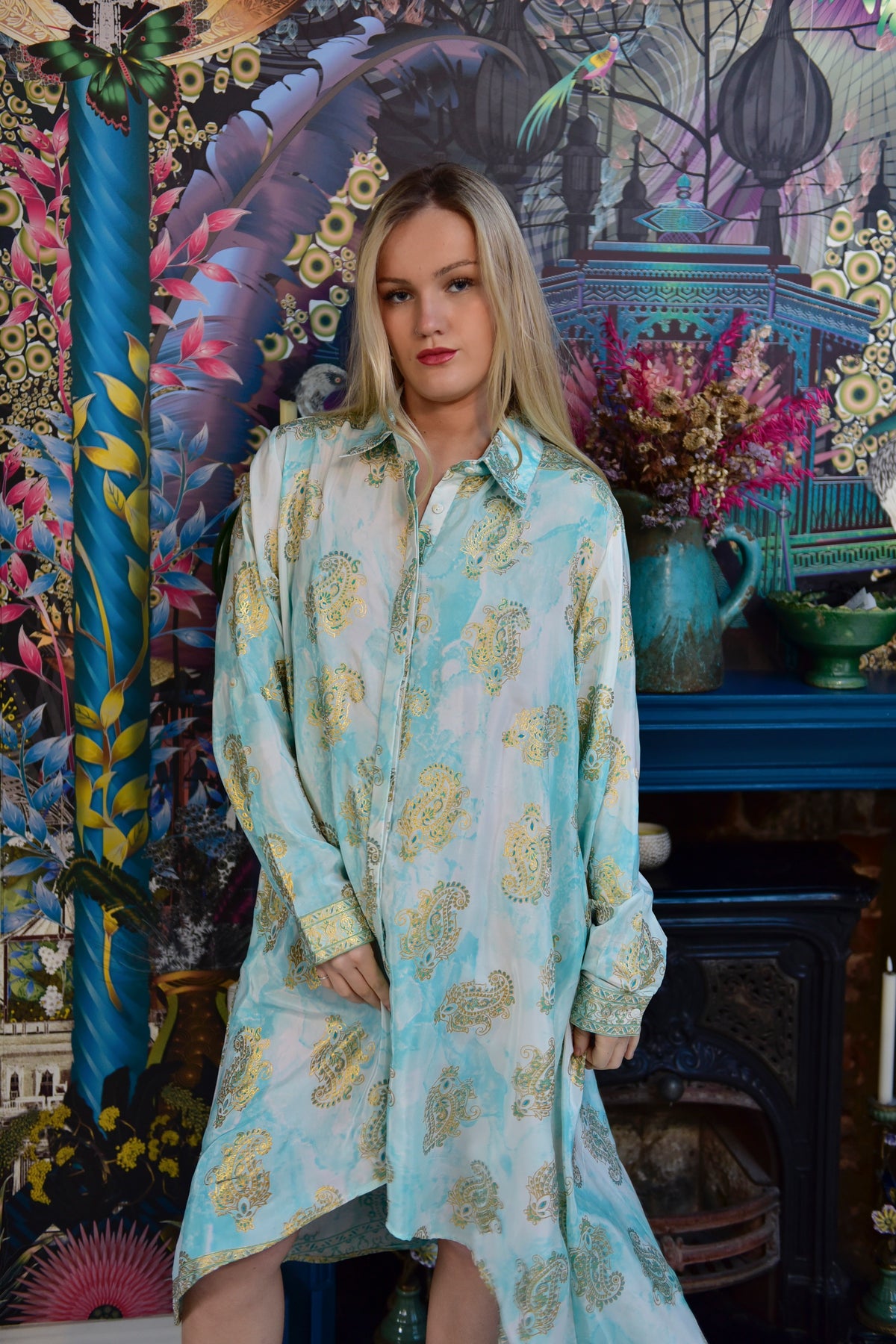 Adva, Turquoise Marble With Gold Paisley Blocks Viscose Shirt Dress