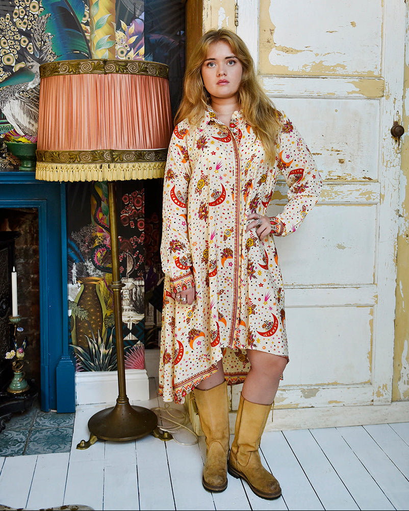 Stella, Cream, Orange & Pink Moon & Stars Print Viscose Shirt Dress