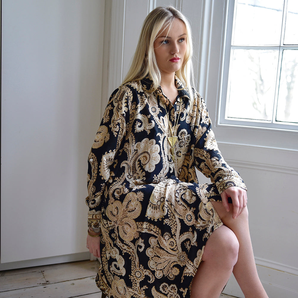 Delta, Black & Gold Baroque Floral Print Viscose Shirt Dress