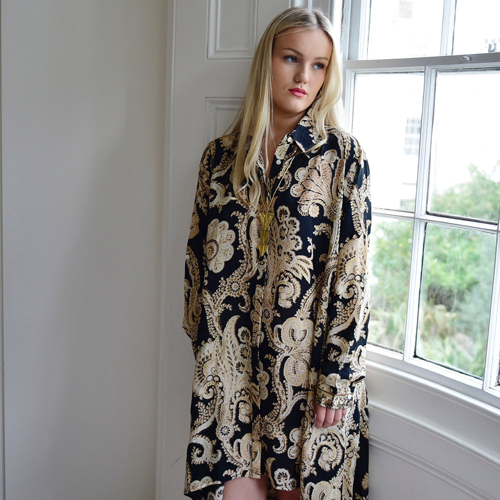 Delta, Black & Gold Baroque Floral Print Viscose Shirt Dress