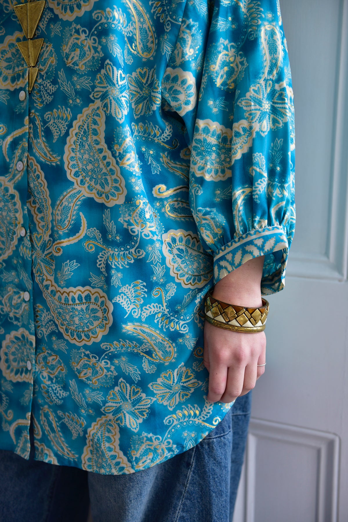 Brinley, Sea Green & White Paisley Print Long Viscose Shirt Blouse