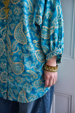Brinley, Sea Green & White Paisley Print Long Viscose Shirt Blouse