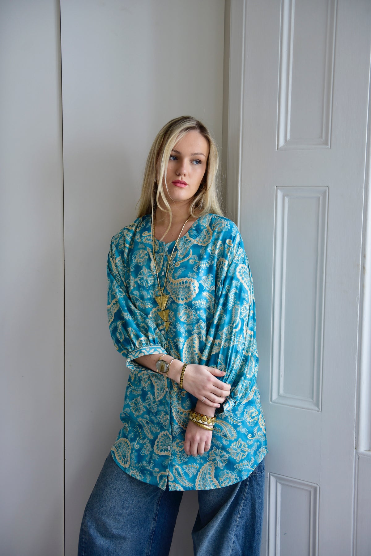 Brinley, Sea Green & White Paisley Print Long Viscose Shirt Blouse
