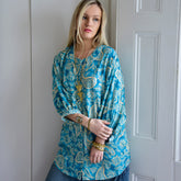 Brinley, Sea Green & White Paisley Print Long Viscose Shirt Blouse