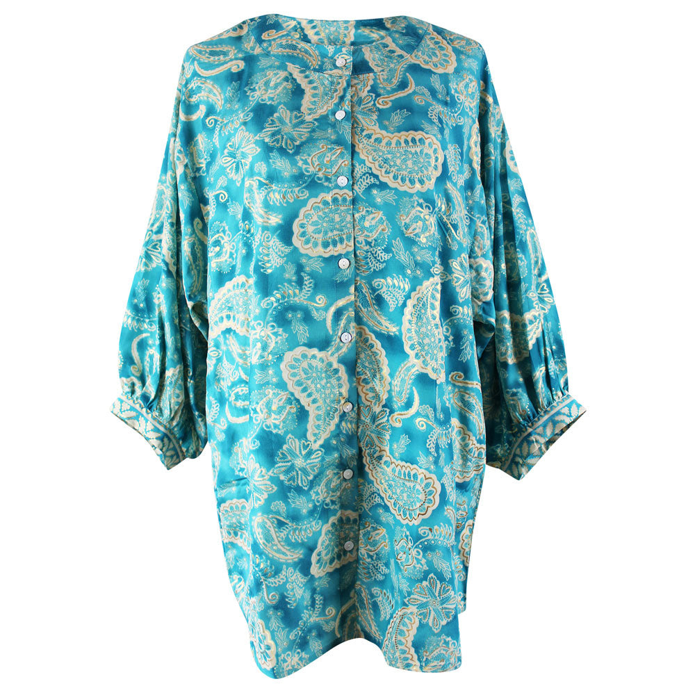 Brinley, Sea Green & White Paisley Print Long Viscose Shirt Blouse