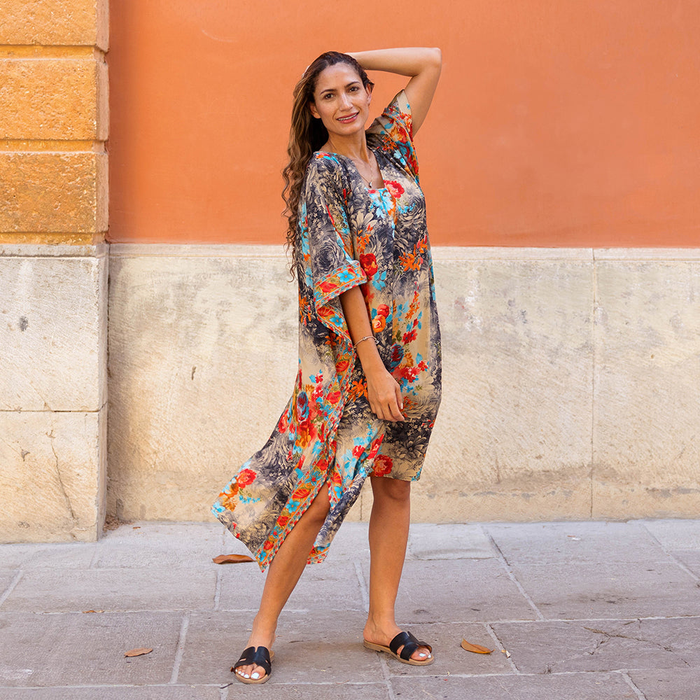 Maeve - Colourful Floral V Neck Viscose Kaftan