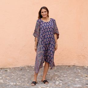 Piper - Navy Blue & Coral Round Neck Viscose Kaftan