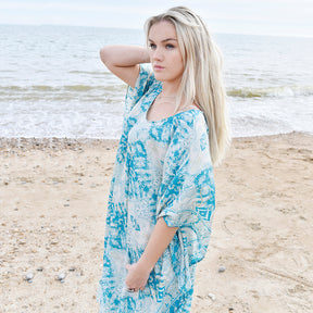 Mia, Turquoise, Cream & Gold Round Neck Viscose Kaftan