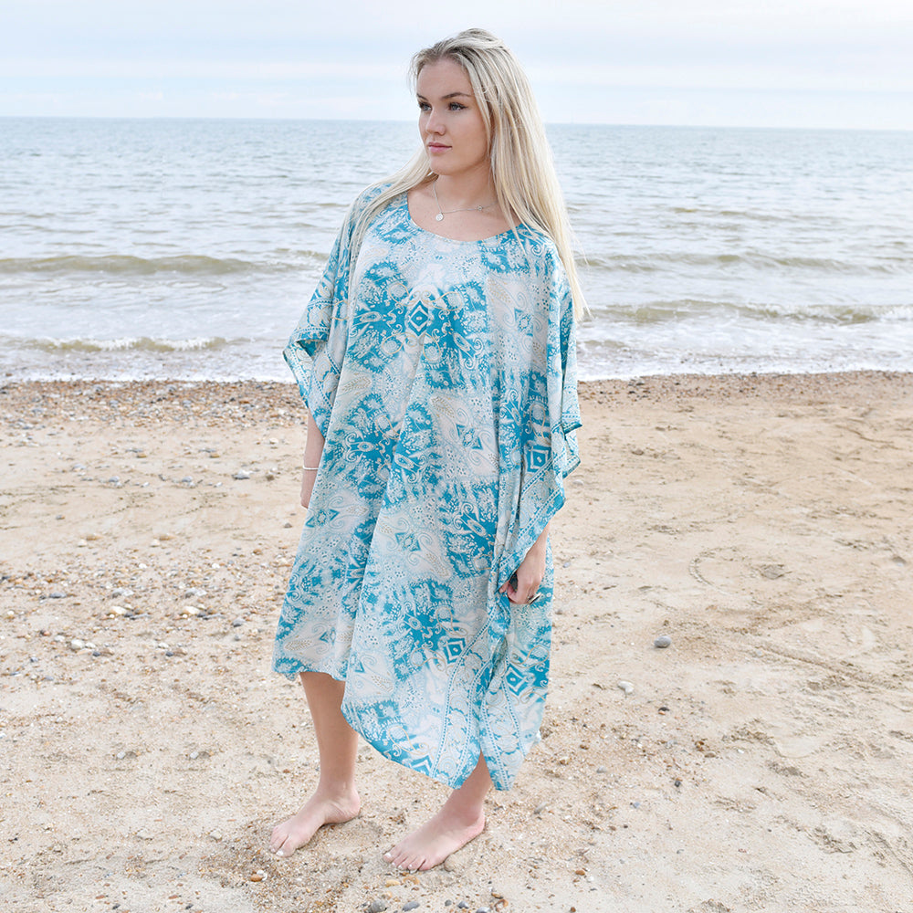 Mia, Turquoise, Cream & Gold Round Neck Viscose Kaftan