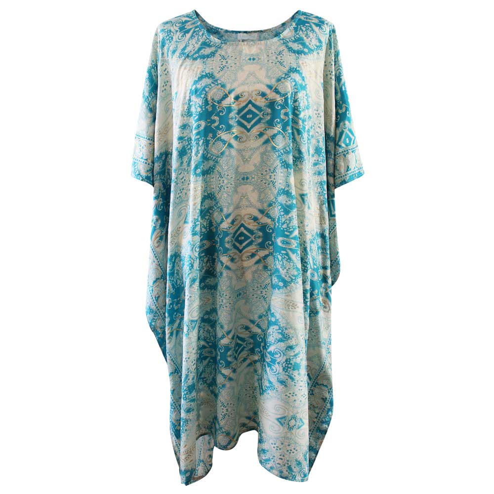 Mia, Turquoise, Cream & Gold Round Neck Viscose Kaftan