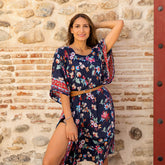 Cleo - Navy Folk Floral Round Neck Viscose Kaftan