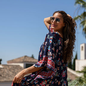 Cleo - Navy Folk Floral Round Neck Viscose Kaftan