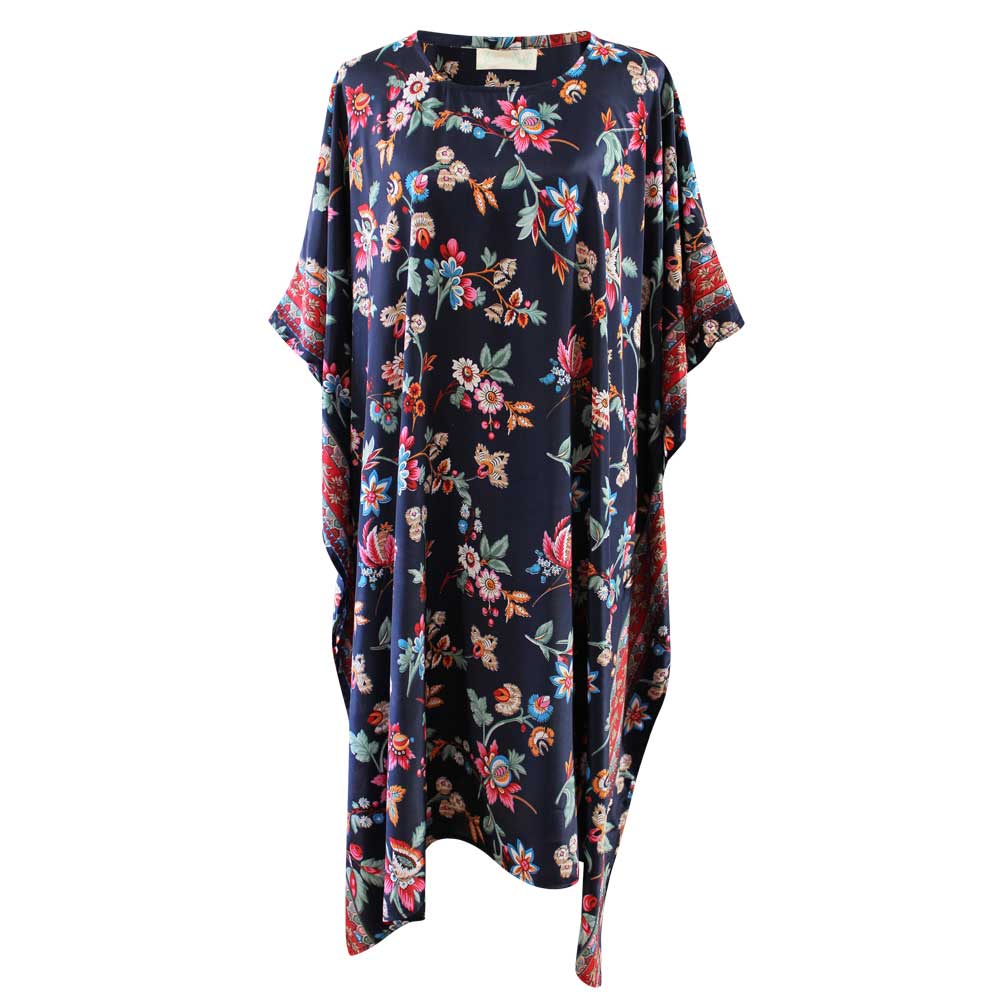 Cleo - Navy Folk Floral Round Neck Viscose Kaftan