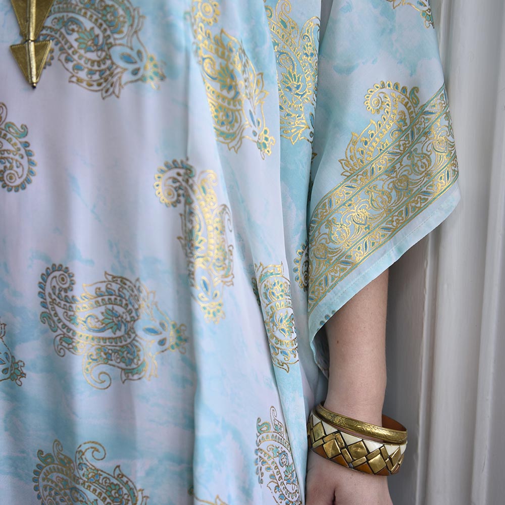 Cordelia, Turquoise Marble With Gold Paisley Blocks Viscose Kaftan