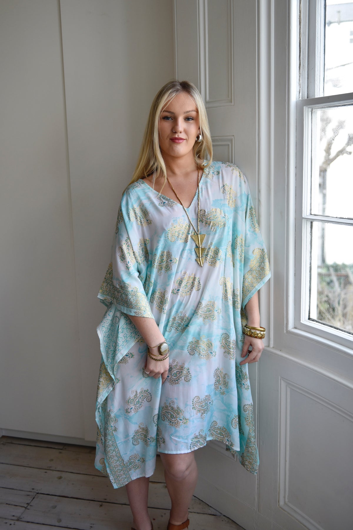 Cordelia, Turquoise Marble With Gold Paisley Blocks Viscose Kaftan
