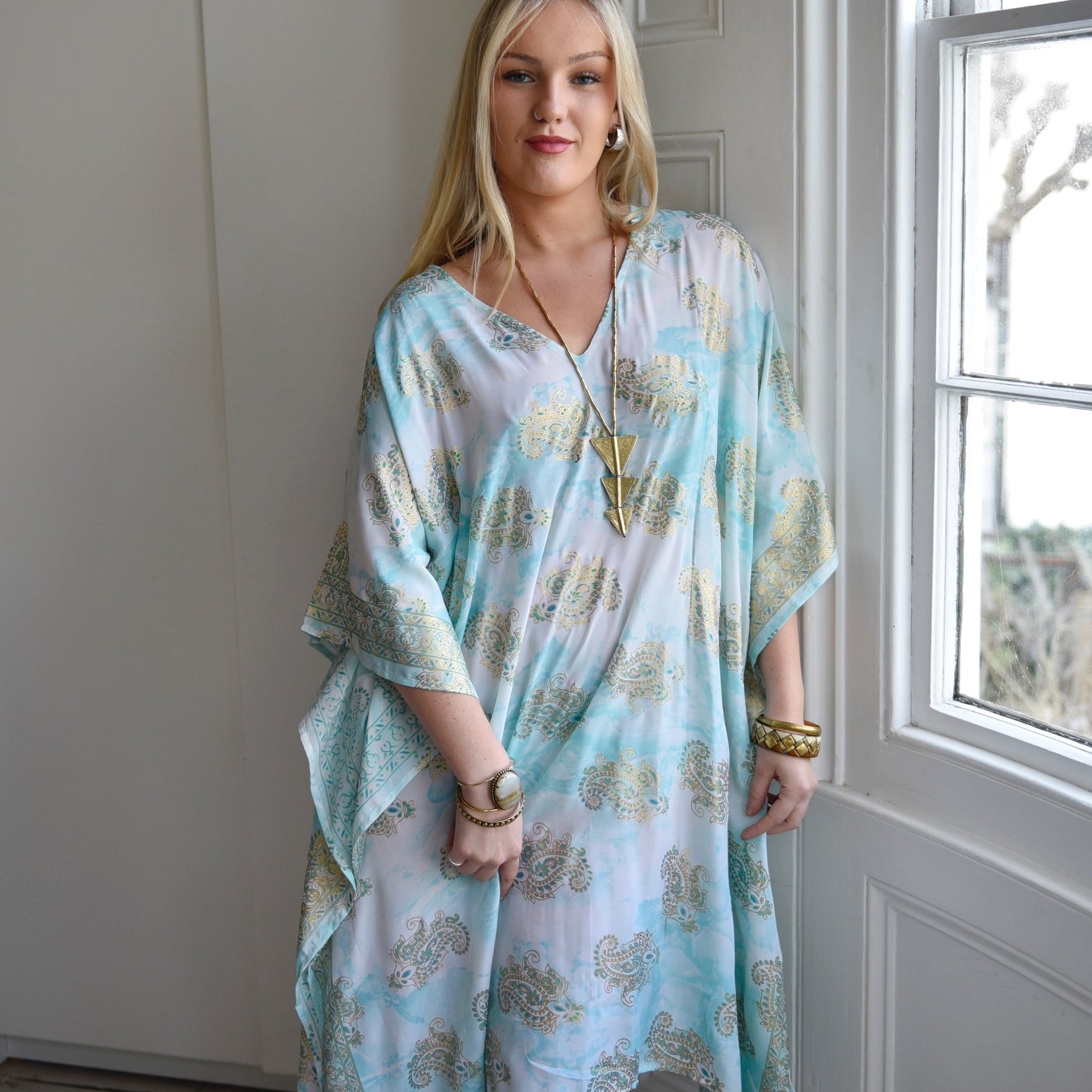 Cordelia, Turquoise Marble With Gold Paisley Blocks Viscose Kaftan