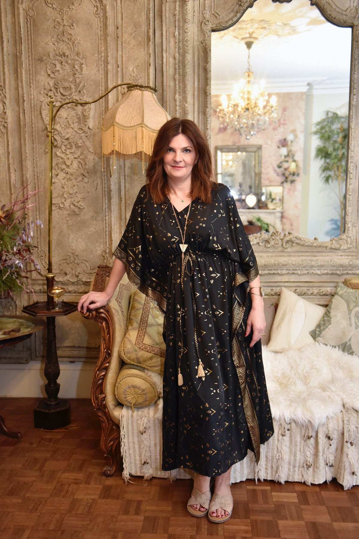 Fable, Black & Gold Small Geo Print Long Viscose Kaftan