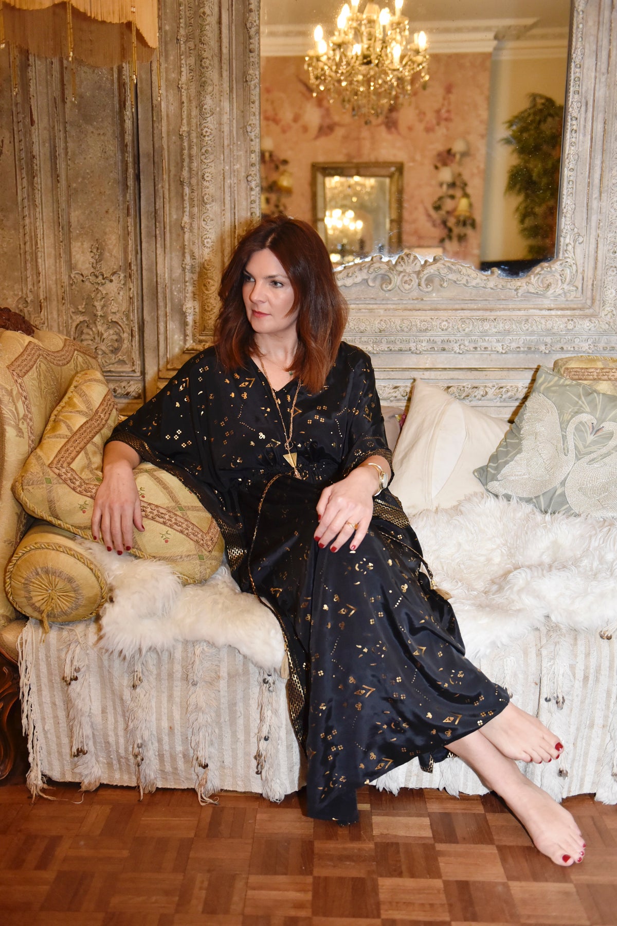 Fable, Black & Gold Small Geo Print Long Viscose Kaftan