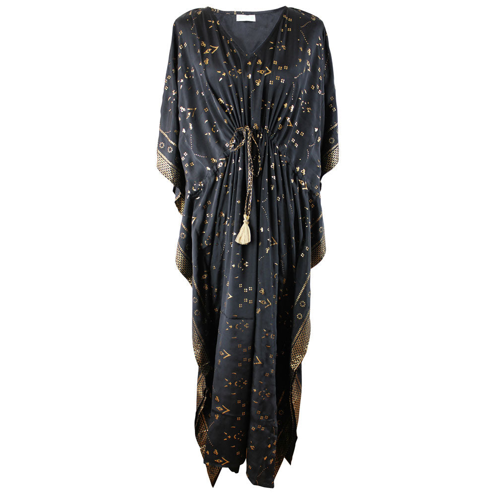 Fable, Black & Gold Small Geo Print Long Viscose Kaftan