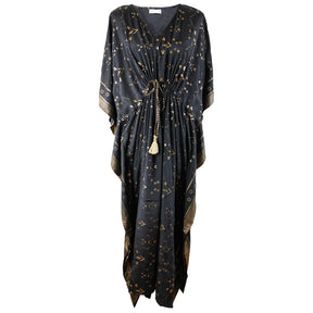 Fable, Black & Gold Small Geo Print Long Viscose Kaftan