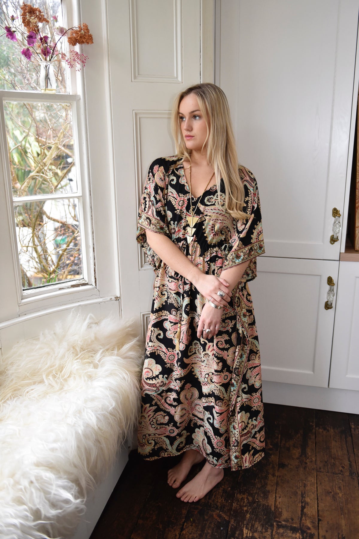 Misty, Black, Rose & Gold Baroque Floral Print Long Viscose Kaftan