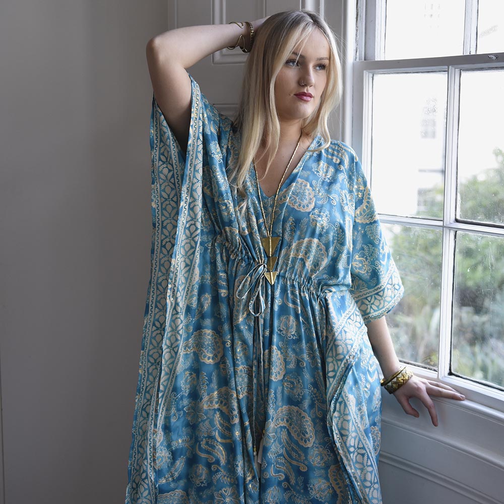 Zadie, Sea Green & White Paisley Print Long Viscose Kaftan