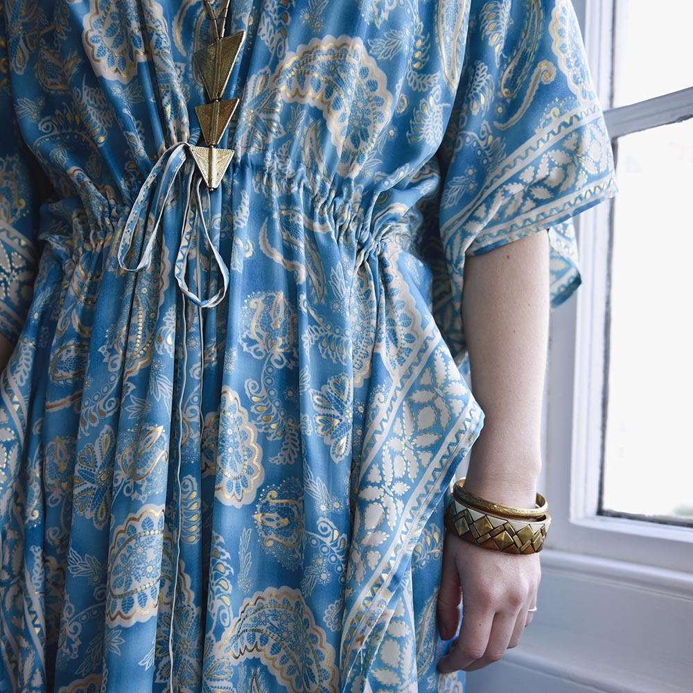 Zadie, Sea Green & White Paisley Print Long Viscose Kaftan