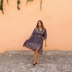 Sasha - Navy Blue & Coral Viscose Shirt Dress