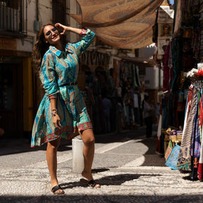 Ella - Turquoise, Orange & Pink Viscose Shirt Dress