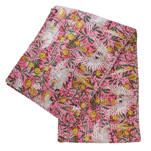 Pink Tropical Bird & Pomegranate Print Kantha Throw