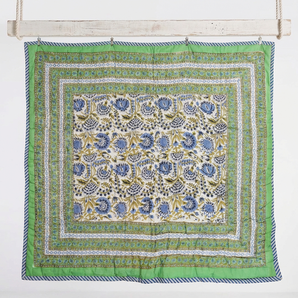 Green & Blue Floral Print Quilt/Throw Reversible Cotton Filled