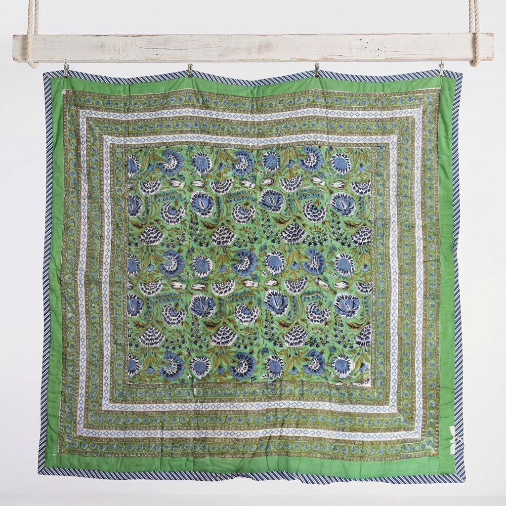 Green & Blue Floral Print Quilt/Throw Reversible Cotton Filled