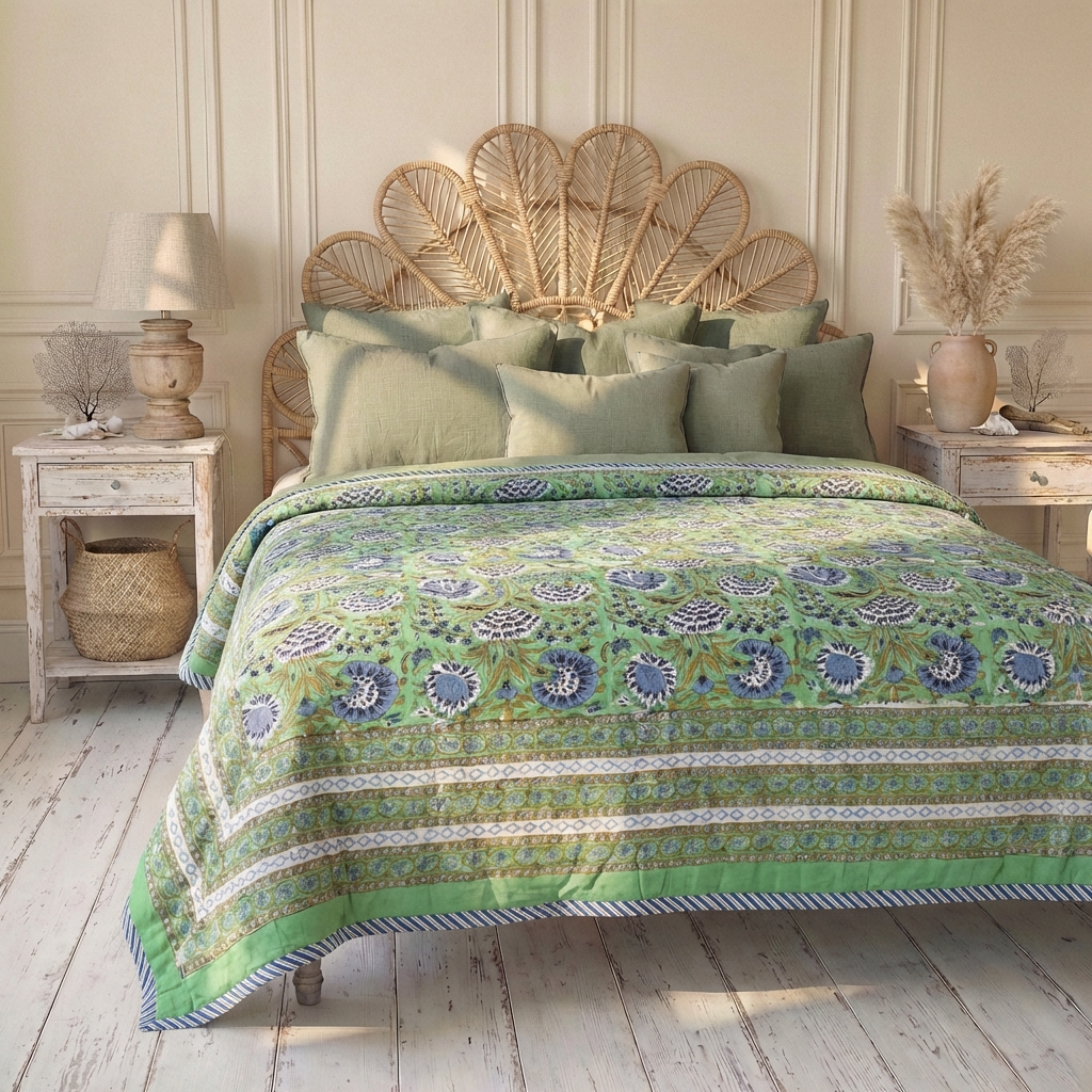 Green & Blue Floral Print Quilt/Throw Reversible Cotton Filled